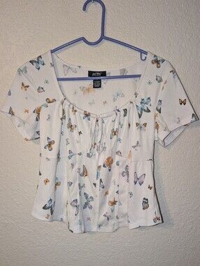 Just Polly NY y2k Style Butterfly Print Ribbed Cropped Corset Tee, Size XL
